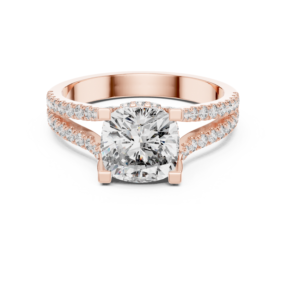 Haloring met kussengeslepen diamant en gesplitste ringscheen in roségoud — aanzicht 6
