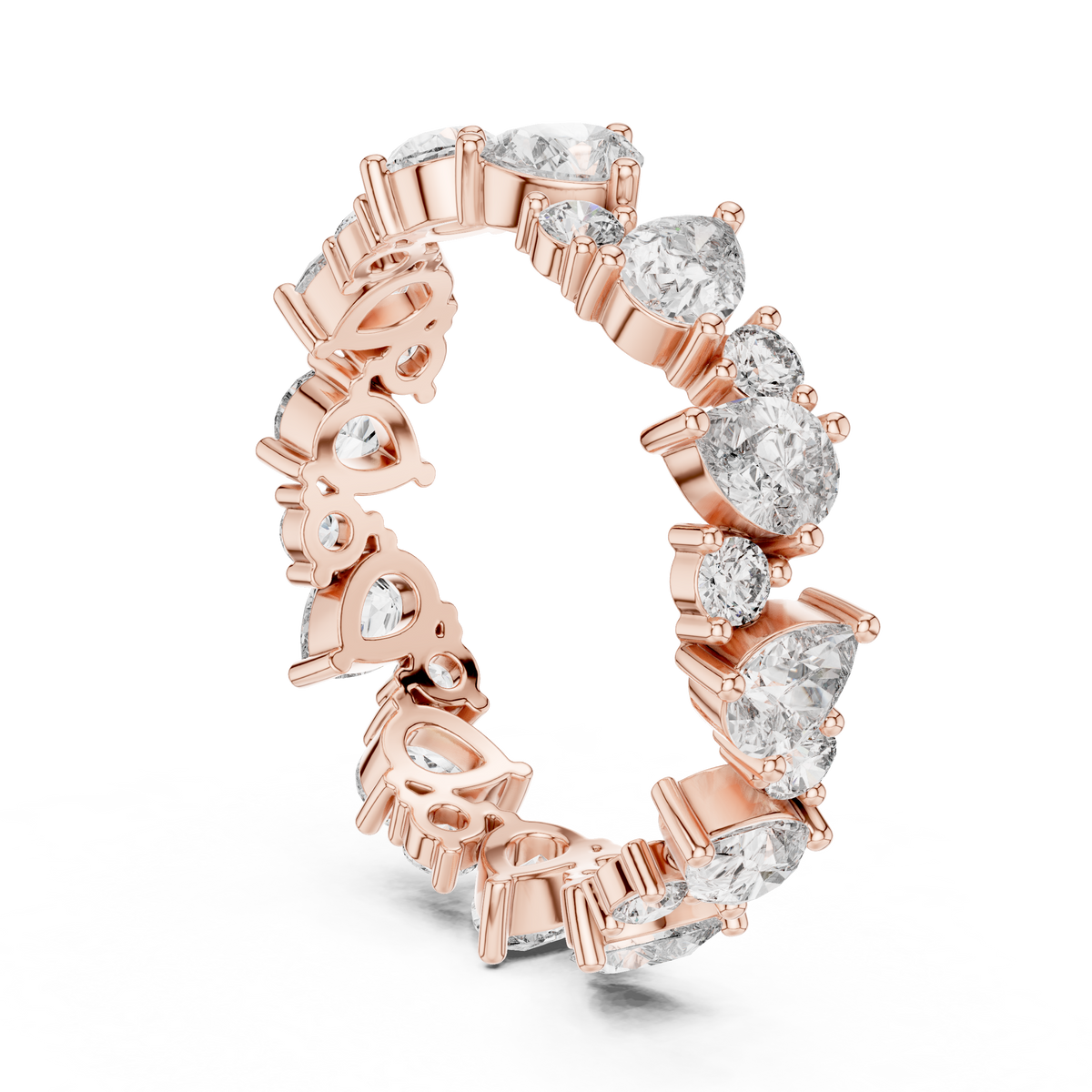 Eternityring met diamanten in verschillende slijpvormen in roségoud — aanzicht 4