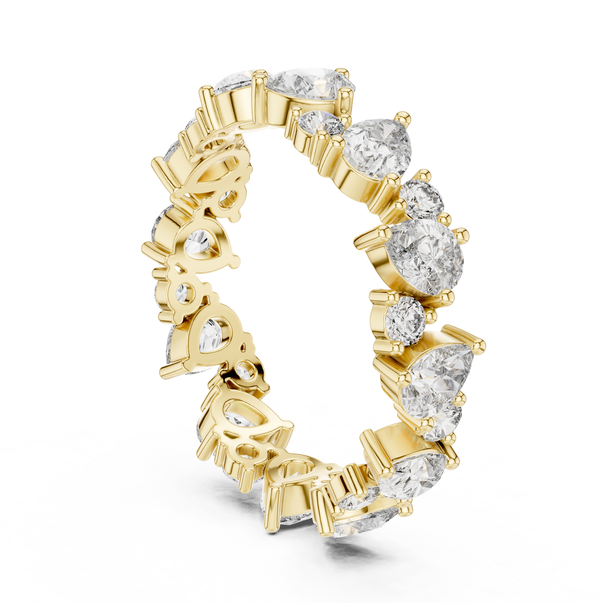 Eternityring met diamanten in verschillende slijpvormen in geelgoud — aanzicht 11