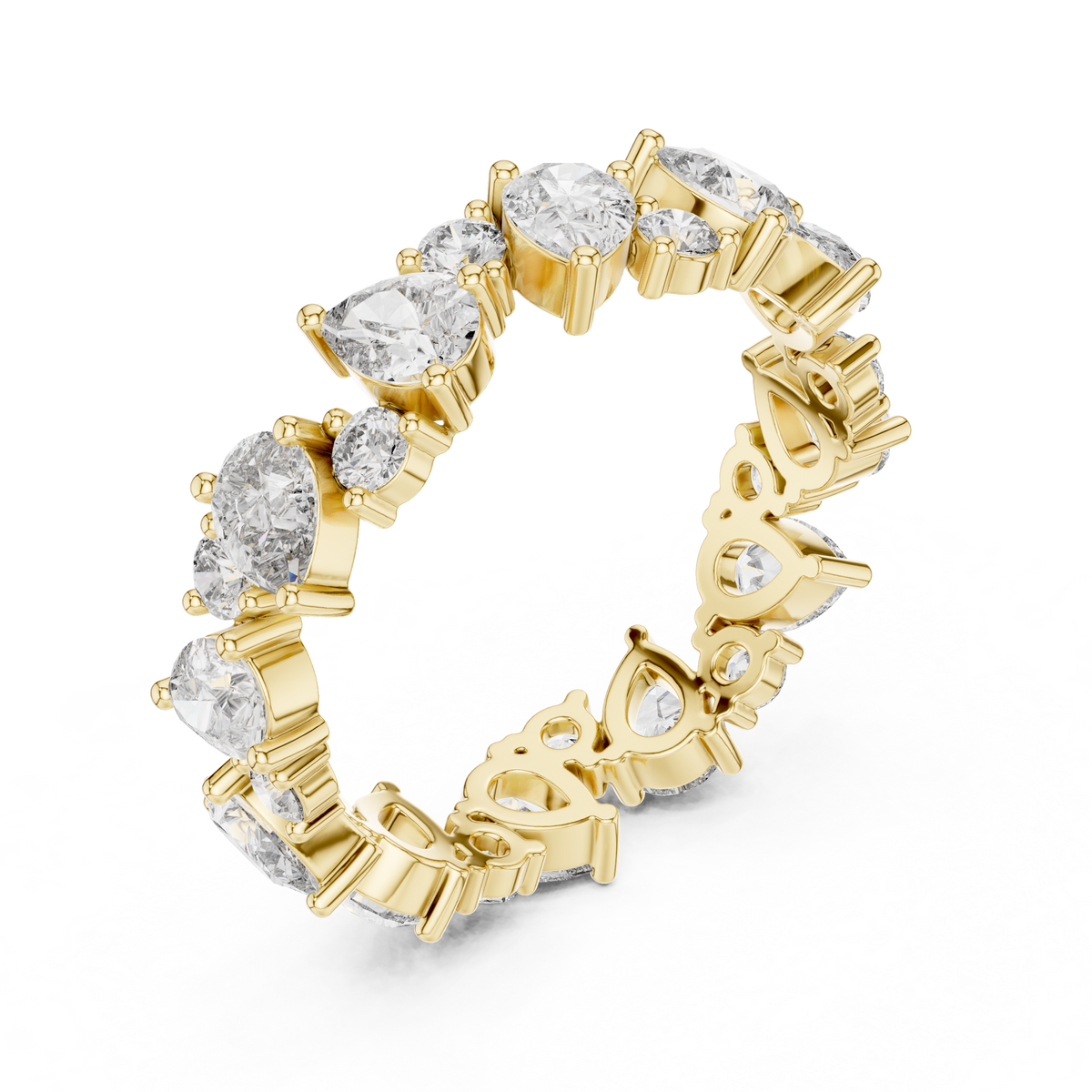 Eternityring met diamanten in verschillende slijpvormen in geelgoud — aanzicht 1