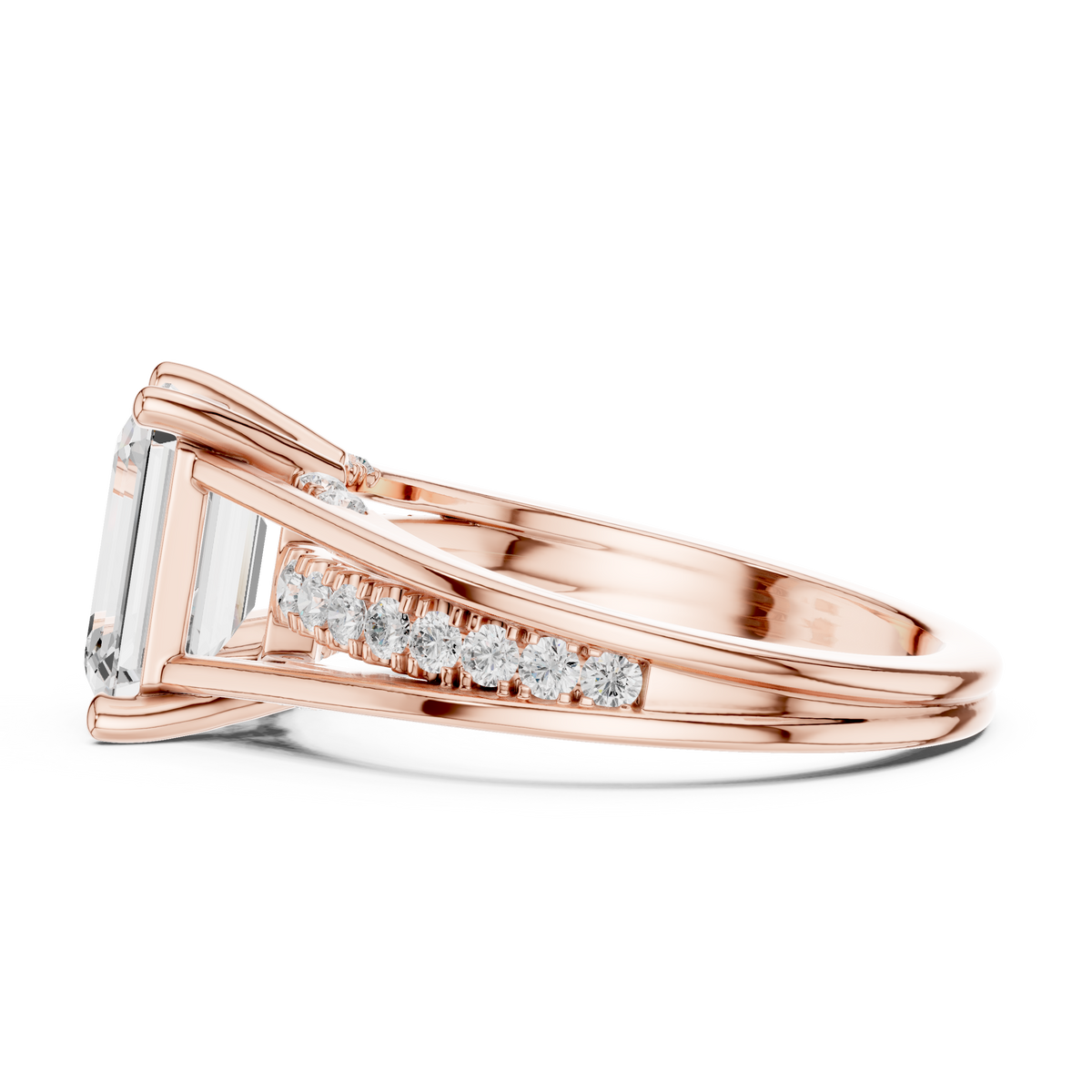 Emerald-Cut Diamond Split-Shank Pavé Ring in rose gold, view 8