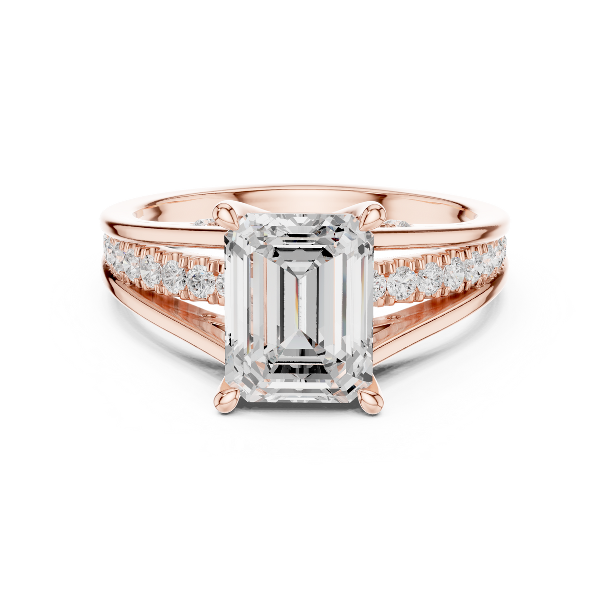 Emerald-Cut Diamond Split-Shank Pavé Ring in rose gold, view 9