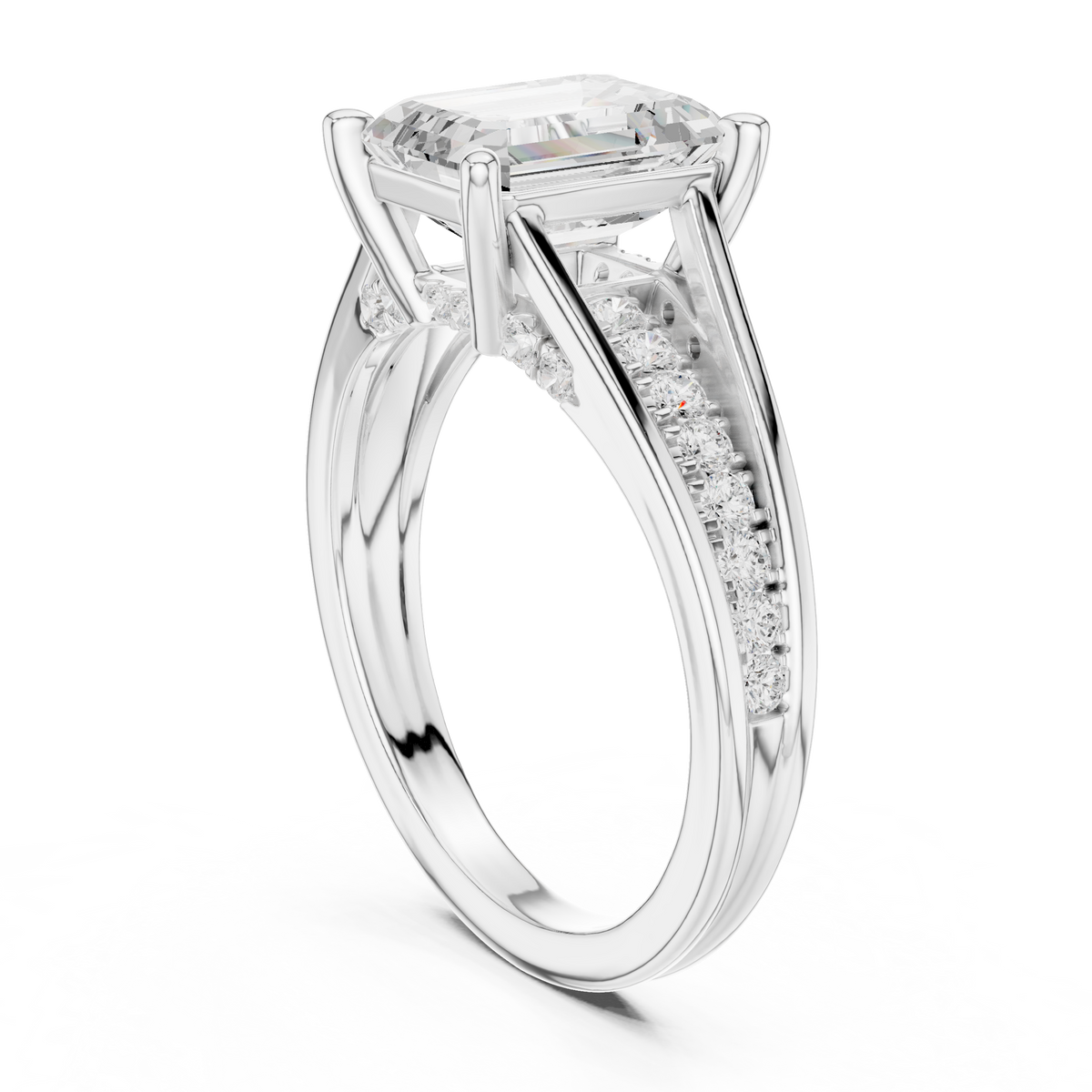 Emerald-Cut Diamond Split-Shank Pavé Ring in white gold, view 10