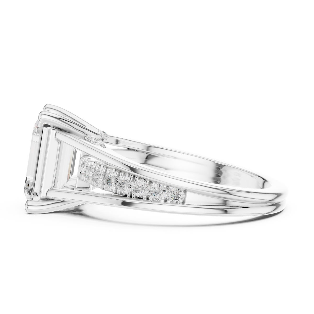 Emerald-Cut Diamond Split-Shank Pavé Ring in white gold, view 11