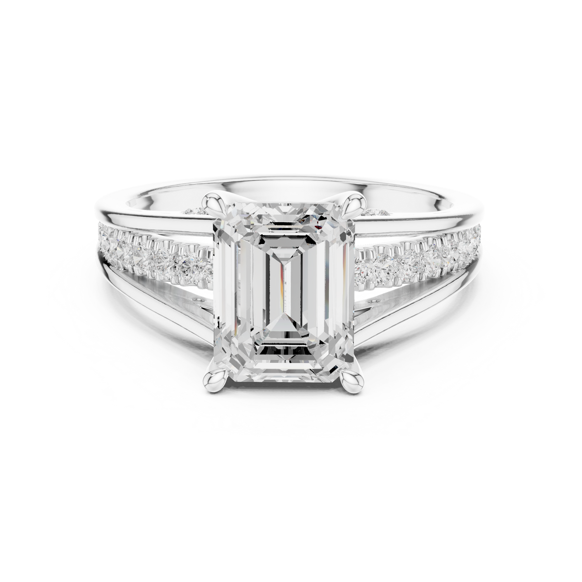 Emerald-Cut Diamond Split-Shank Pavé Ring in white gold, view 12