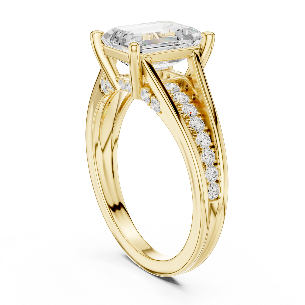Emerald-Cut Diamond Split-Shank Pavé Ring in yellow gold, view 13
