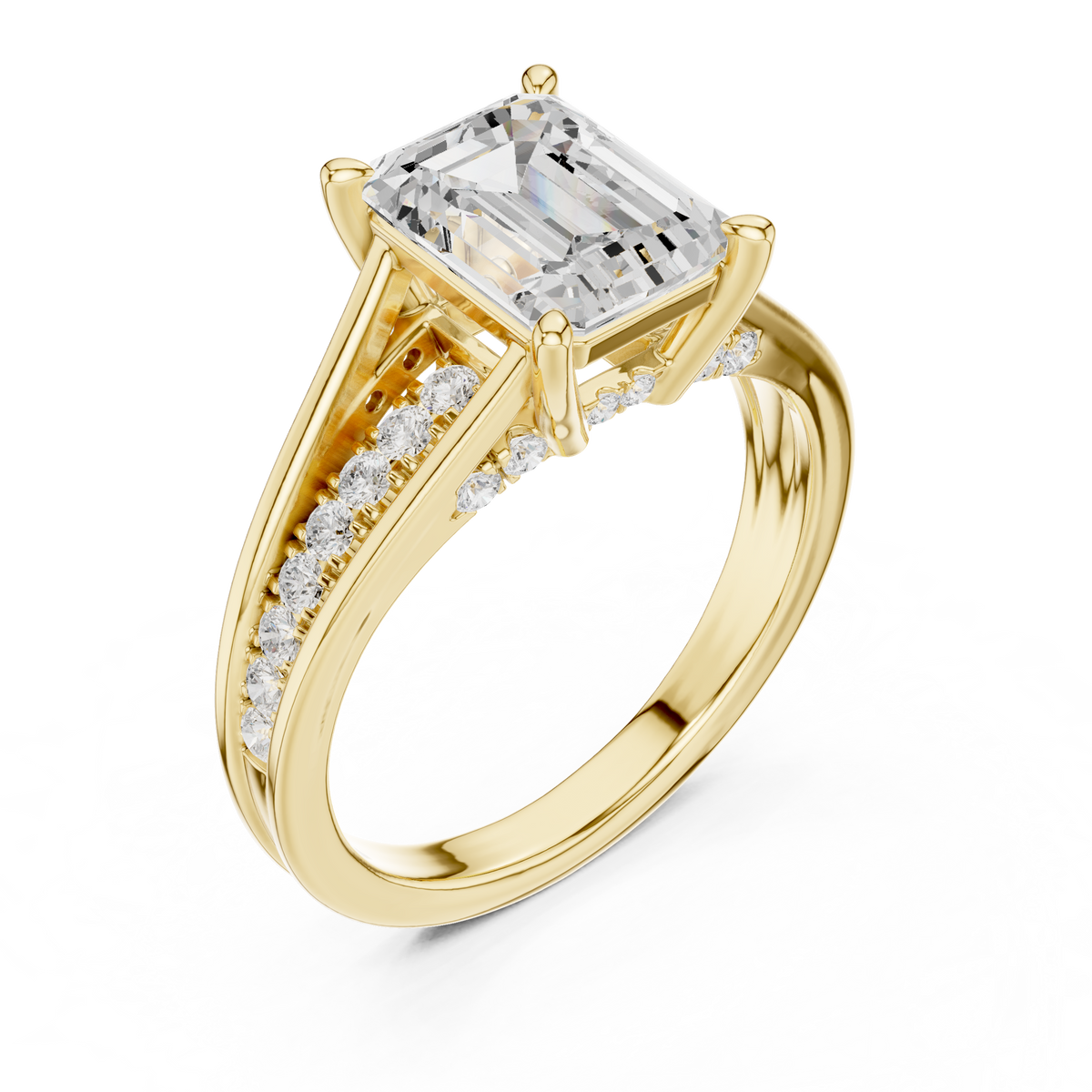 Emerald-Cut Diamond Split-Shank Pavé Ring in yellow gold, view 1