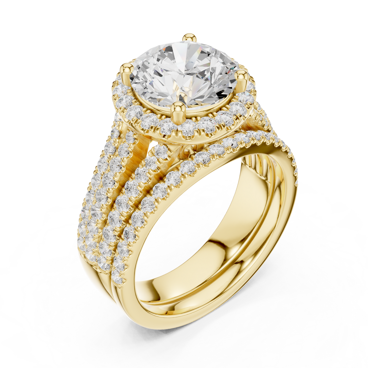 Ring met ronde diamant en meerrijige halo in geelgoud — aanzicht 1