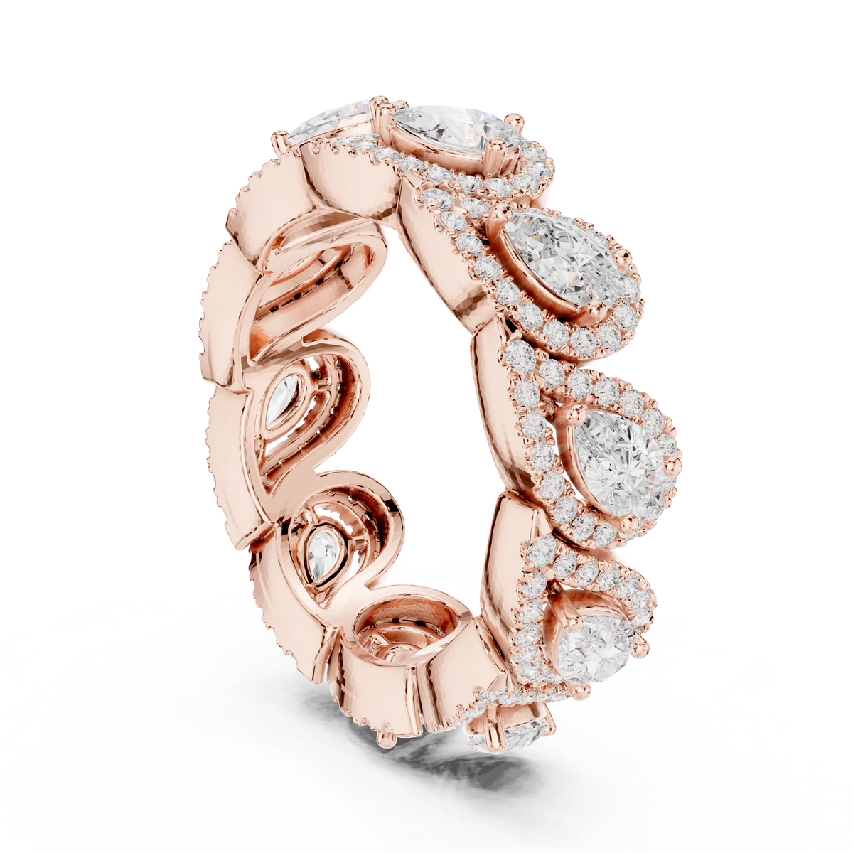 Ring met peervormige diamanten halo en cluster in roségoud — aanzicht 7