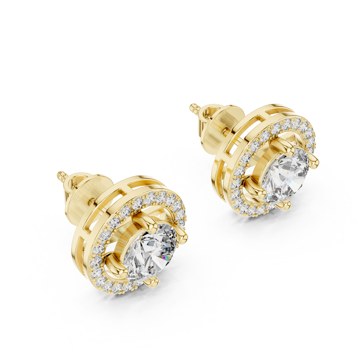 Round Diamond Halo Stud Earrings in yellow gold, view 1