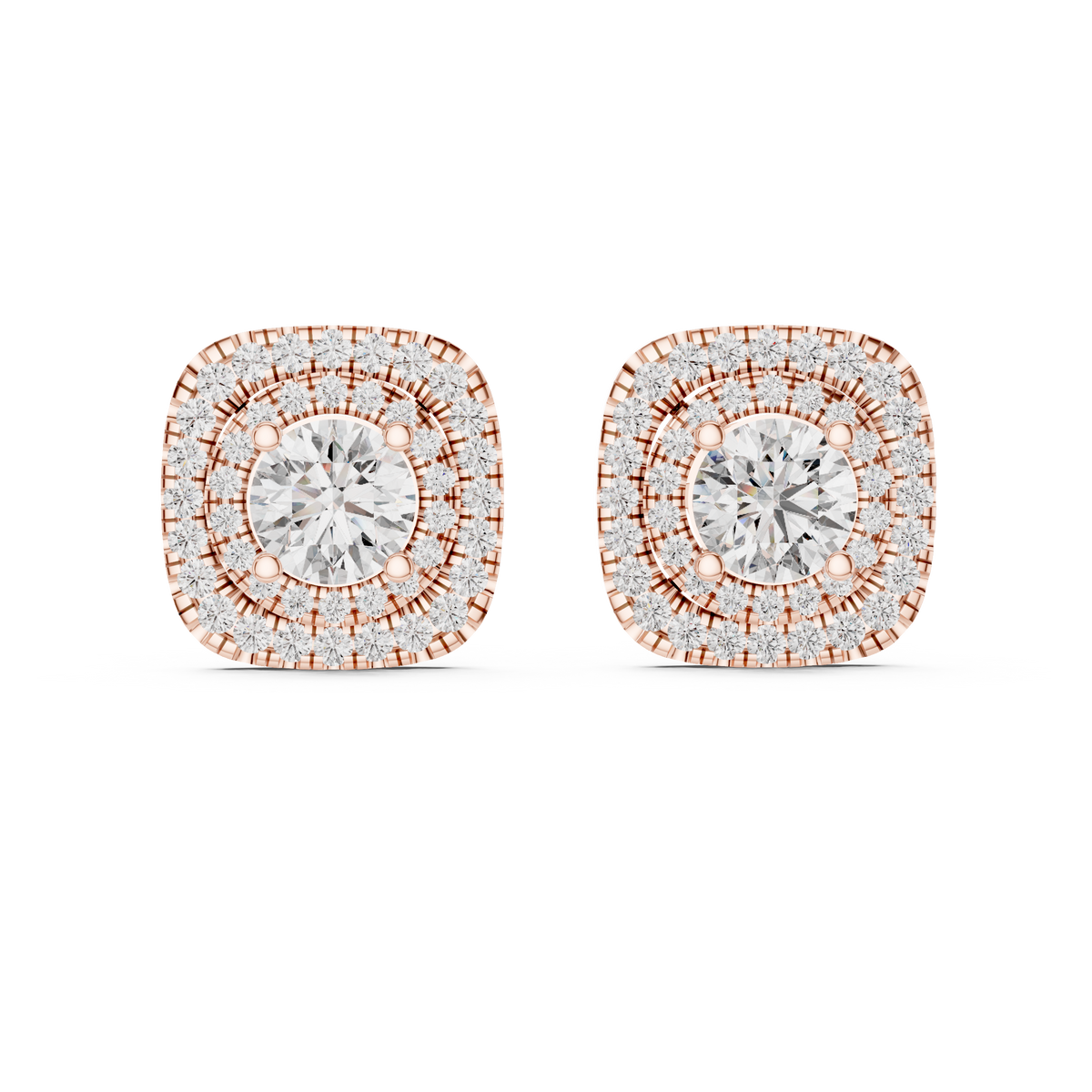 Gebogen oorstekers met diamanten en dubbele halo in roségoud — aanzicht 7