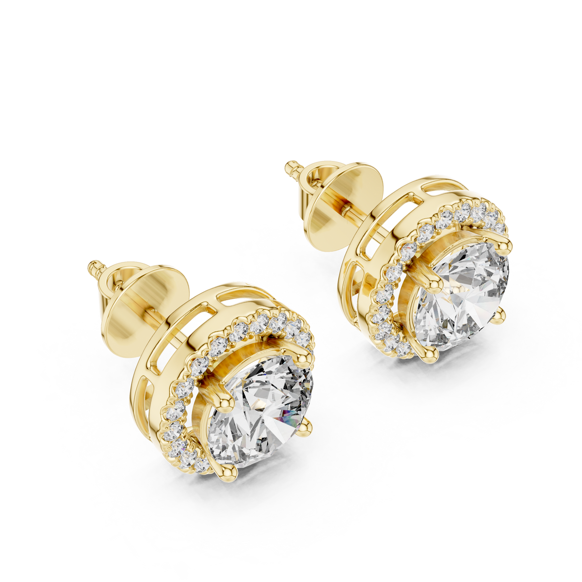 Double Halo Round Diamond Stud Earrings in yellow gold, view 1