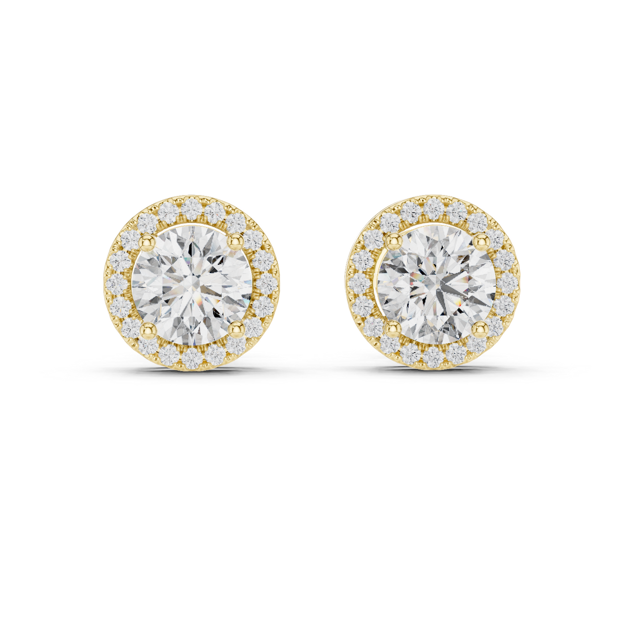 Double Halo Round Diamond Stud Earrings in yellow gold, view 11