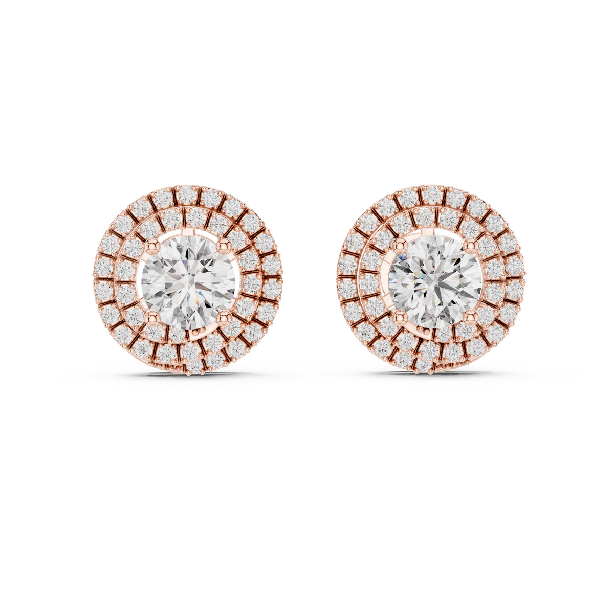 Triple Halo Round Diamond Stud Earrings in rose gold, view 5