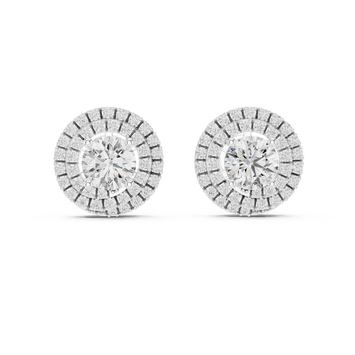 Triple Halo Round Diamond Stud Earrings in white gold, view 8