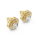 Triple Halo Round Diamond Stud Earrings in yellow gold, view 1