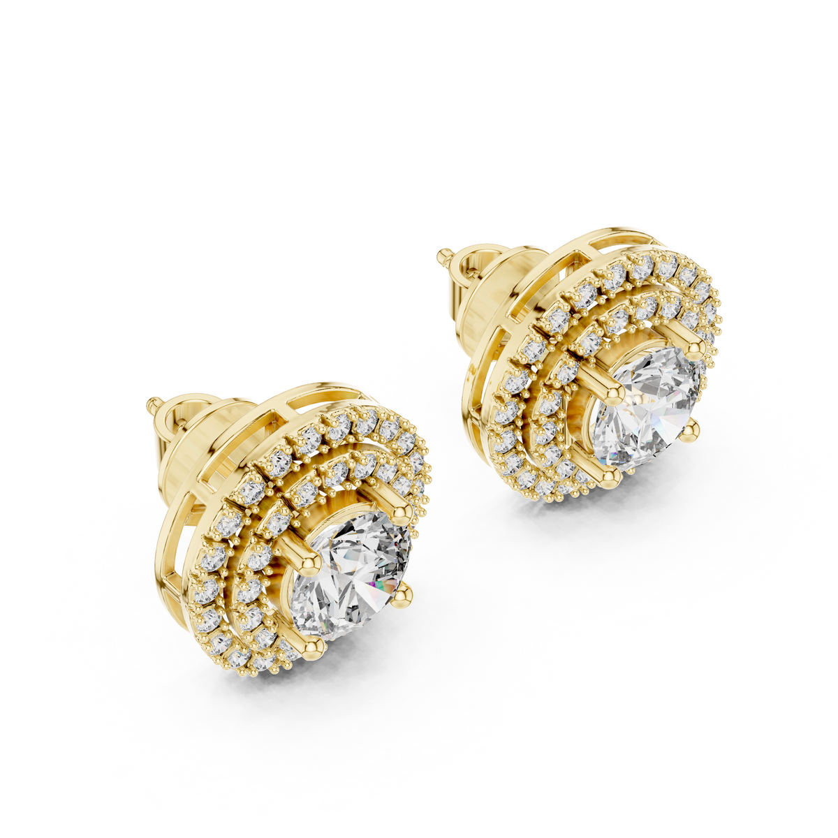 Triple Halo Round Diamond Stud Earrings in yellow gold, view 1
