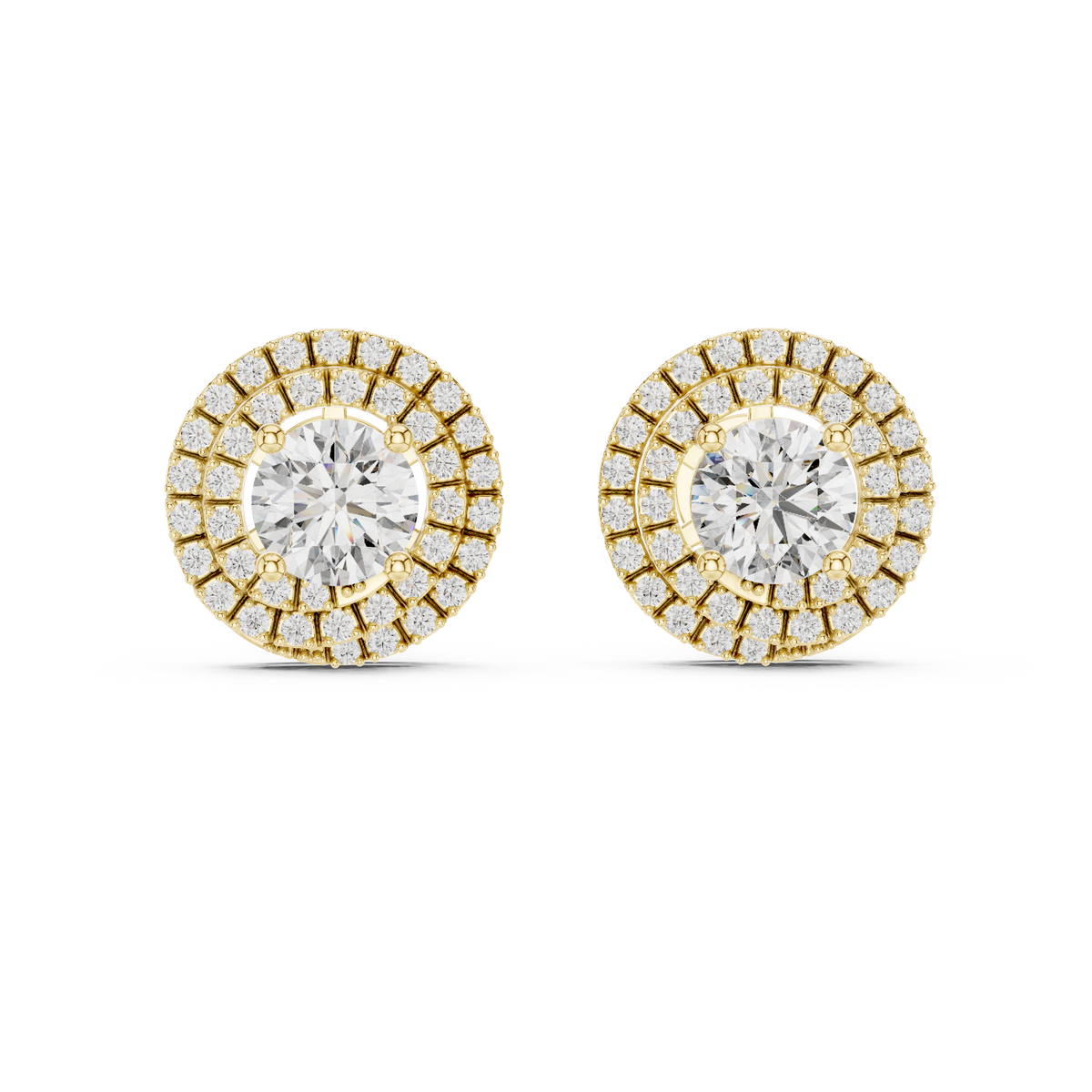 Triple Halo Round Diamond Stud Earrings in yellow gold, view 11