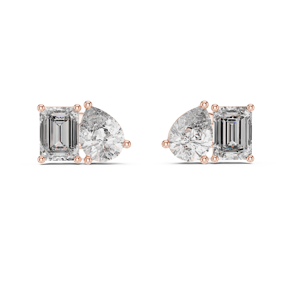 Oorstekers met peervormige en radiantgeslepen diamanten in roségoud — aanzicht 6