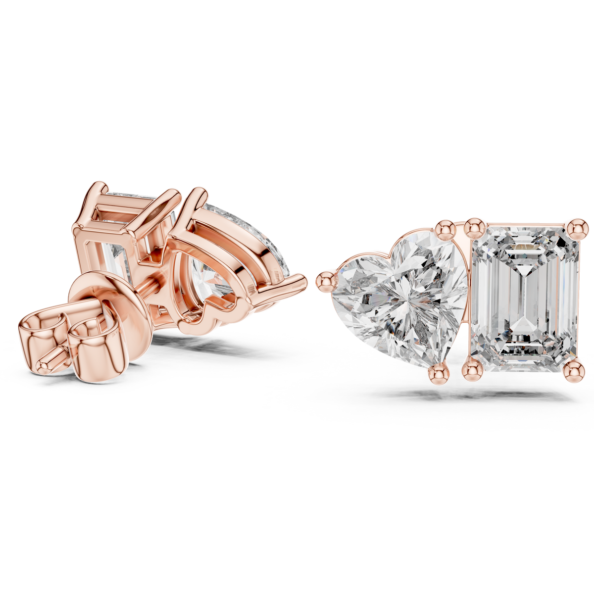 Heart and Radiant Diamond Stud Earrings in rose gold, view 4