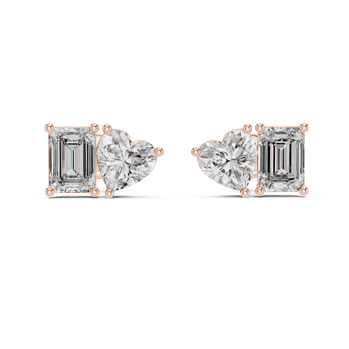 Heart and Radiant Diamond Stud Earrings in rose gold, view 6