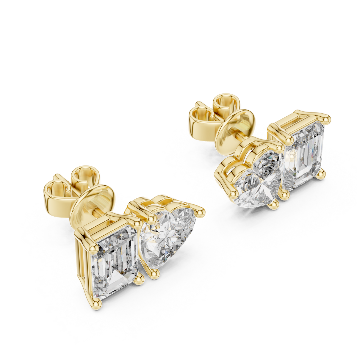 Heart and Radiant Diamond Stud Earrings in yellow gold, view 1