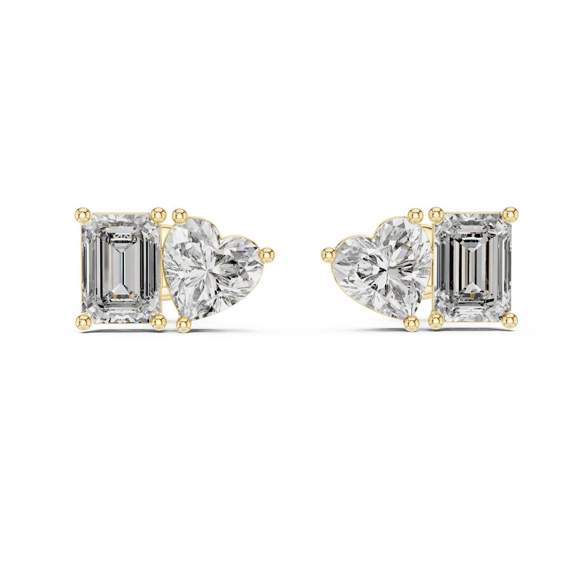 Heart and Radiant Diamond Stud Earrings in yellow gold, view 12