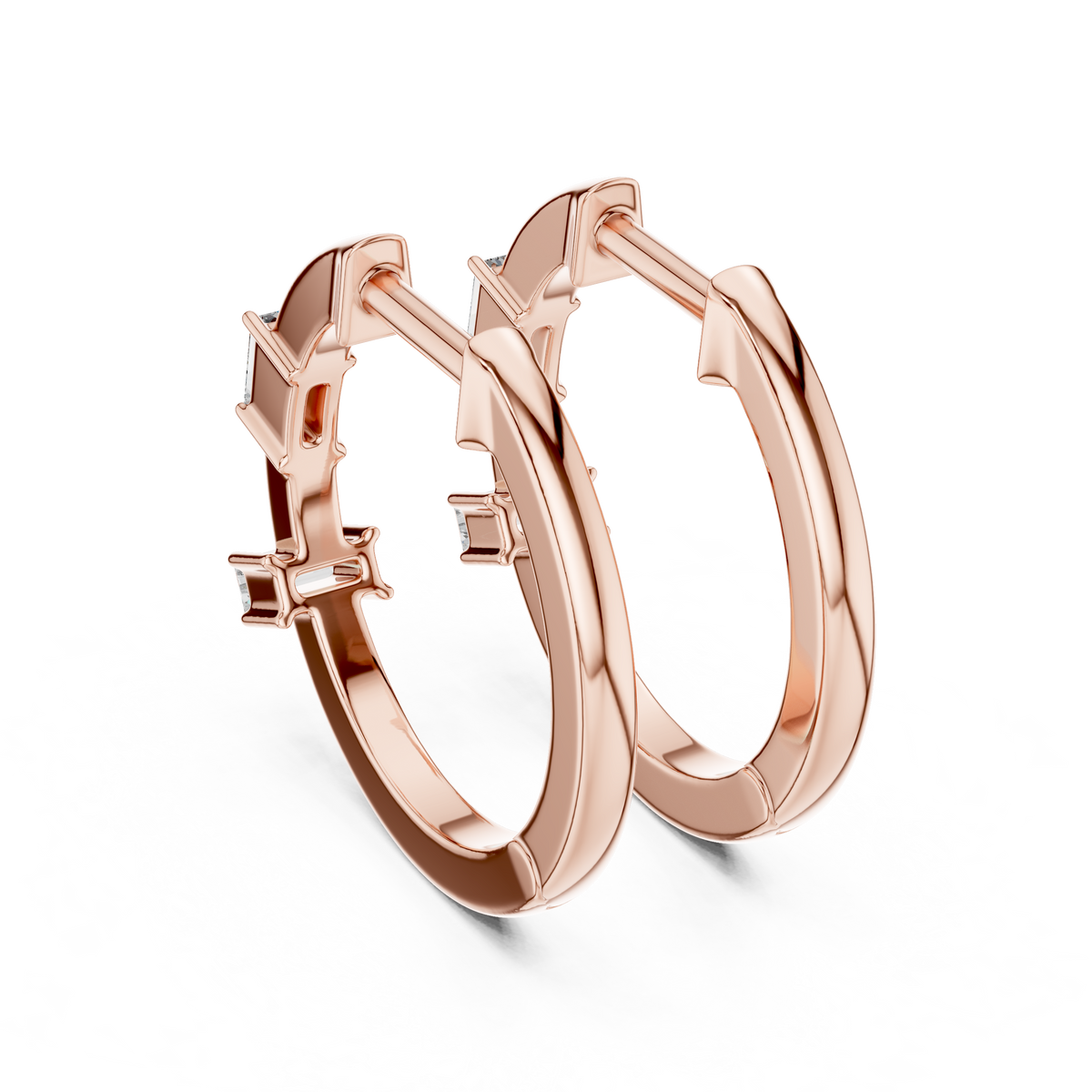 Baguette Accent Diamond Hoop Earrings in rose gold, view 5