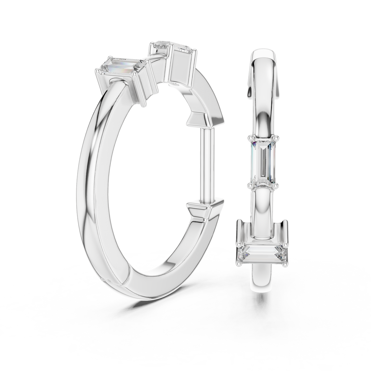 Baguette Accent Diamond Hoop Earrings in white gold, view 7