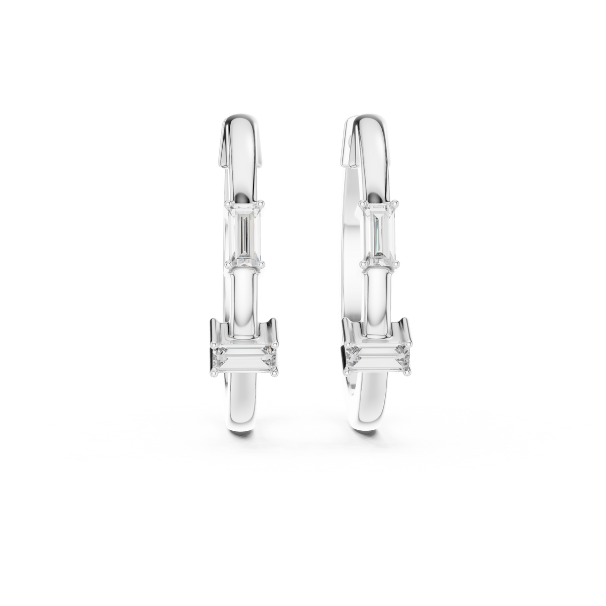 Baguette Accent Diamond Hoop Earrings in white gold, view 9