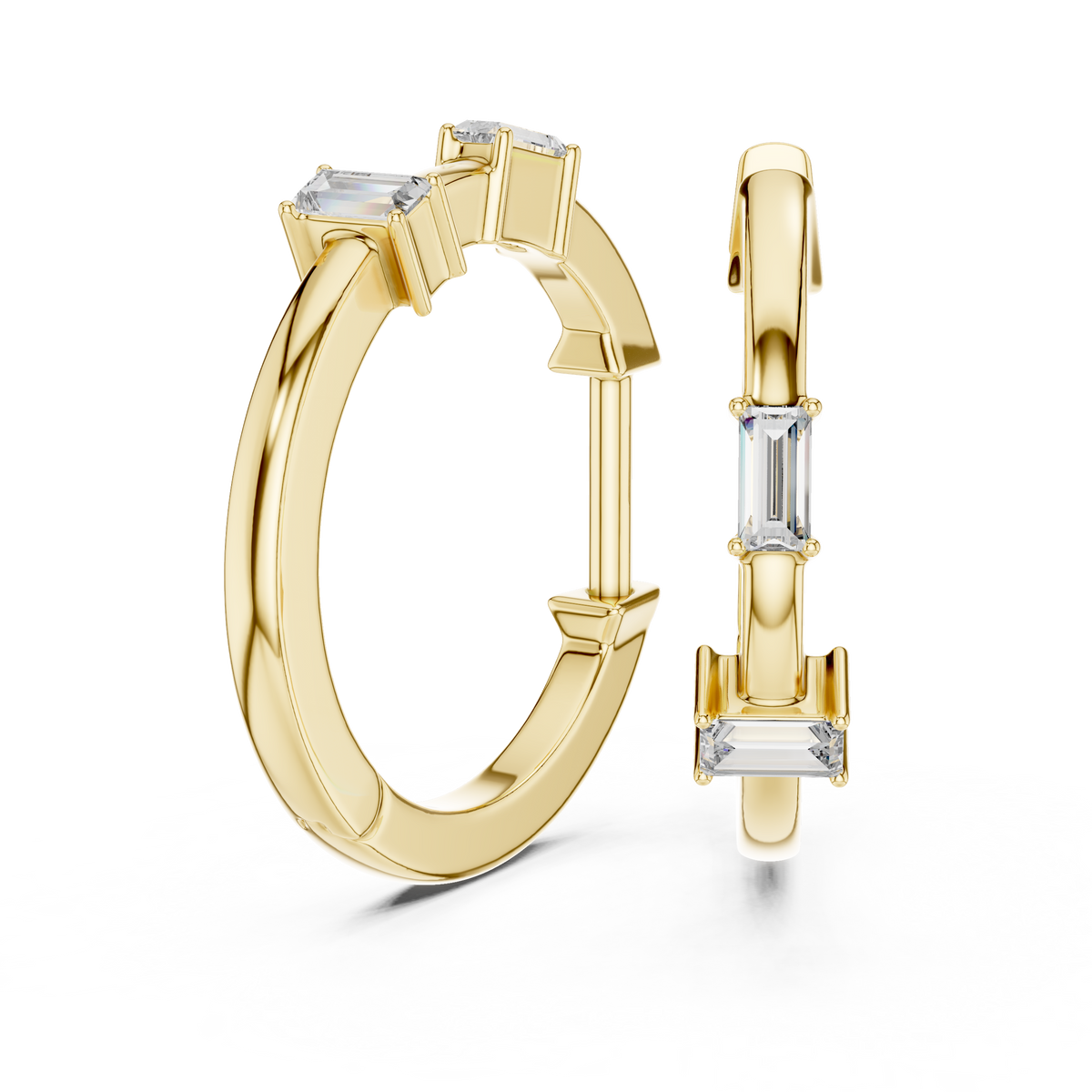 Baguette Accent Diamond Hoop Earrings in yellow gold, view 10