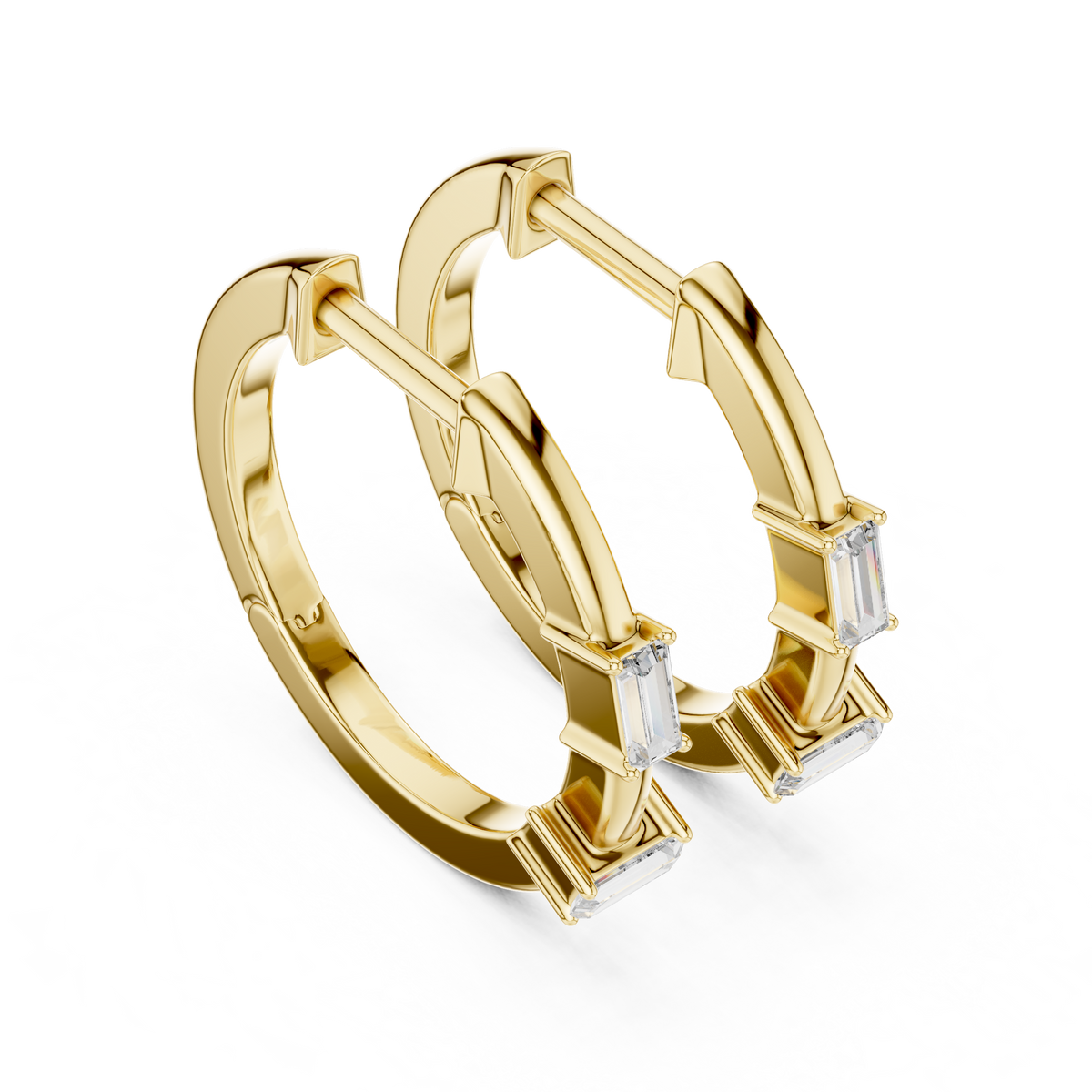 Baguette Accent Diamond Hoop Earrings in yellow gold, view 1