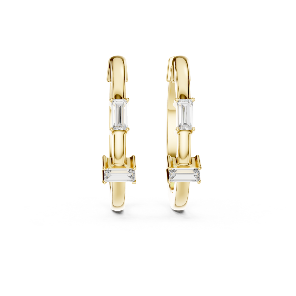 Baguette Accent Diamond Hoop Earrings in yellow gold, view 12