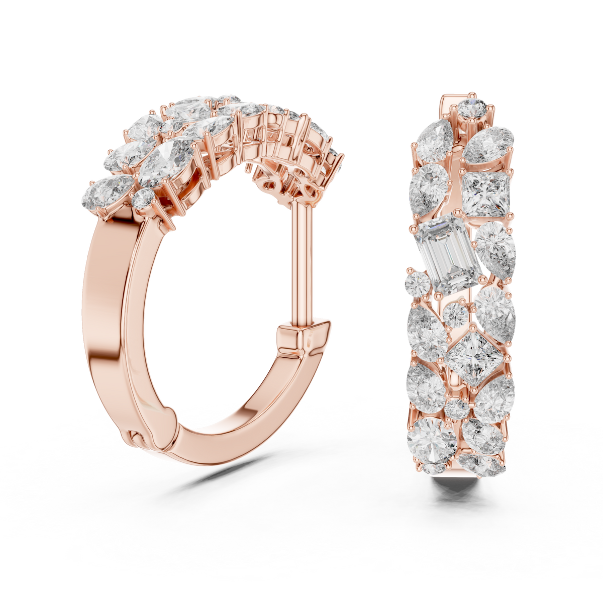 Mixed-Shape Diamond Hoop Earrings in rose gold, view 4
