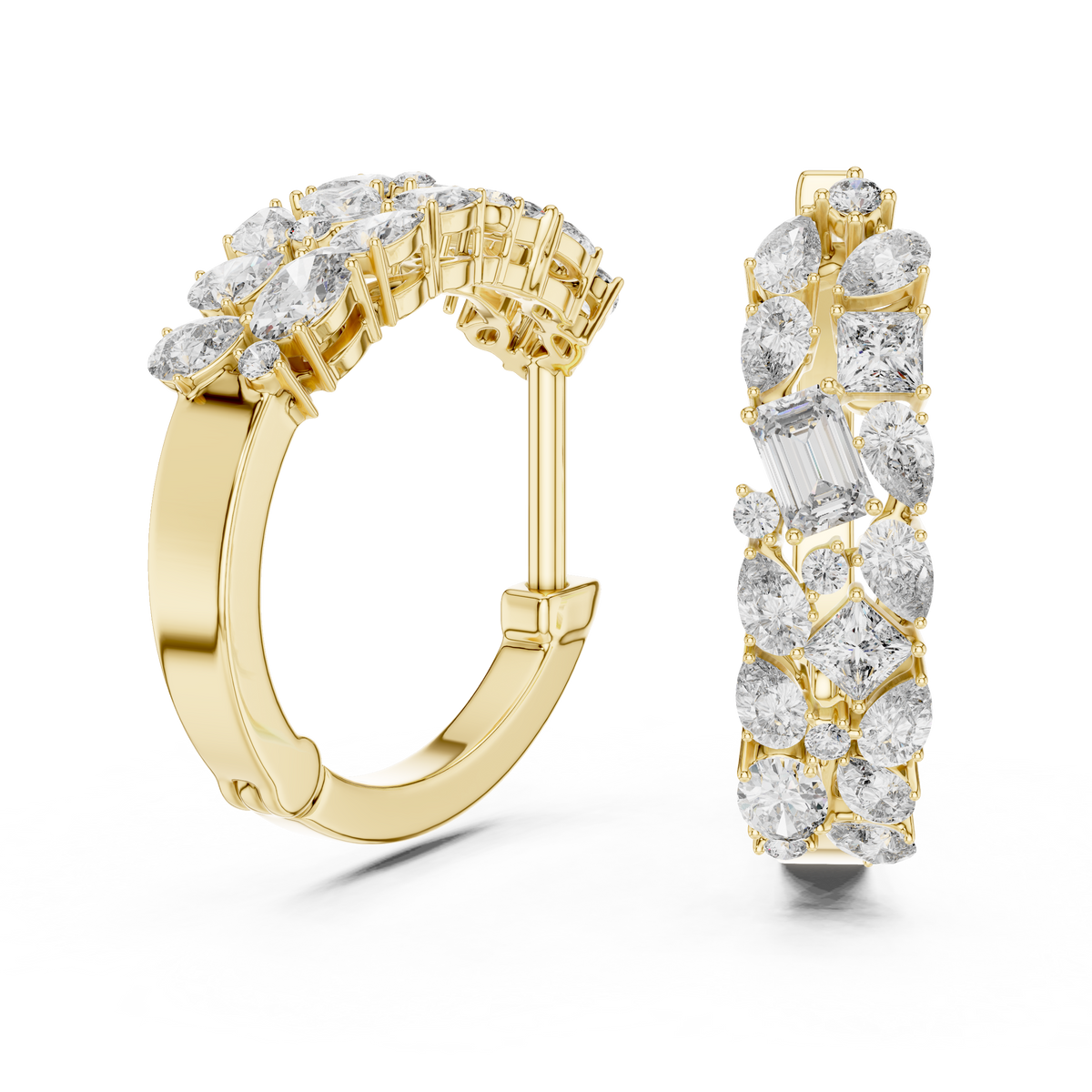 Mixed-Shape Diamond Hoop Earrings in yellow gold, view 10