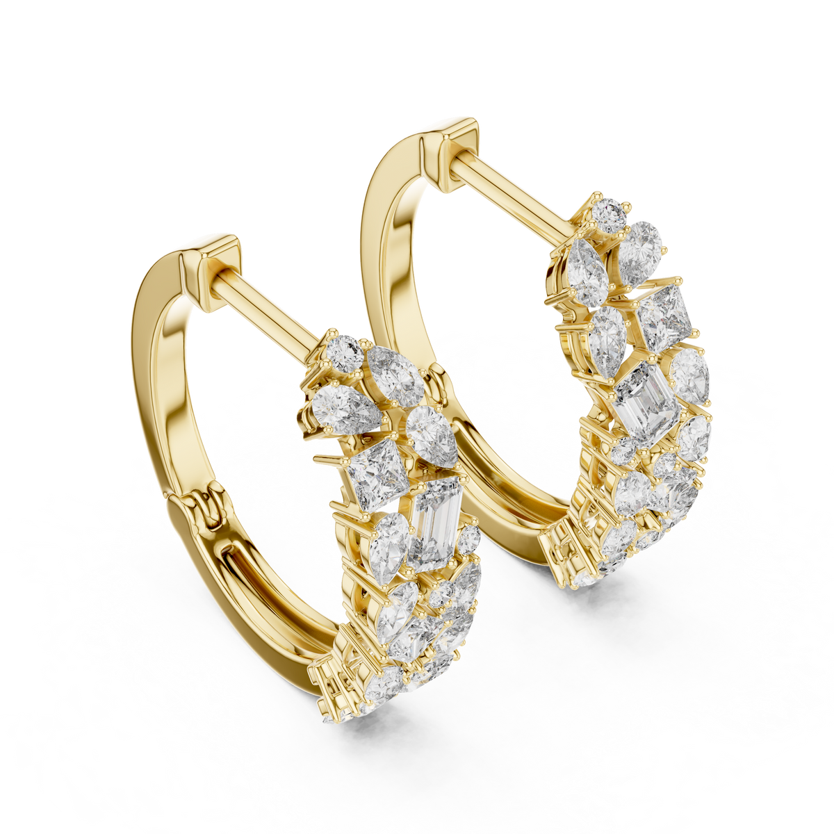 Mixed-Shape Diamond Hoop Earrings in yellow gold, view 1