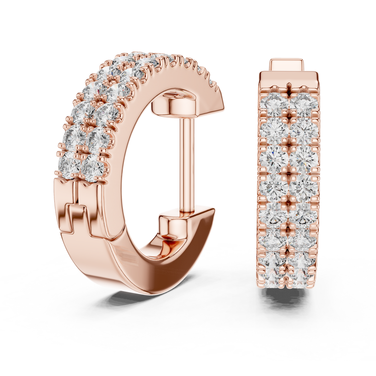 Double-Row Round Diamond Hoop Earrings in rose gold, view 4