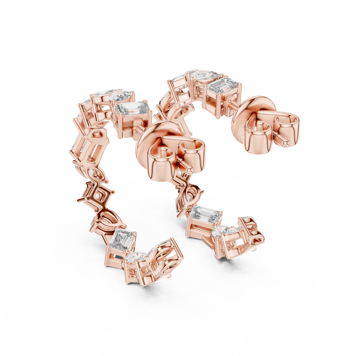 Alternating Mixed-Cut Diamond Hoop Earrings in rose gold, view 5