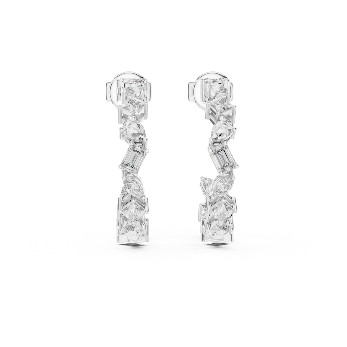 Alternating Mixed-Cut Diamond Hoop Earrings in white gold, view 9
