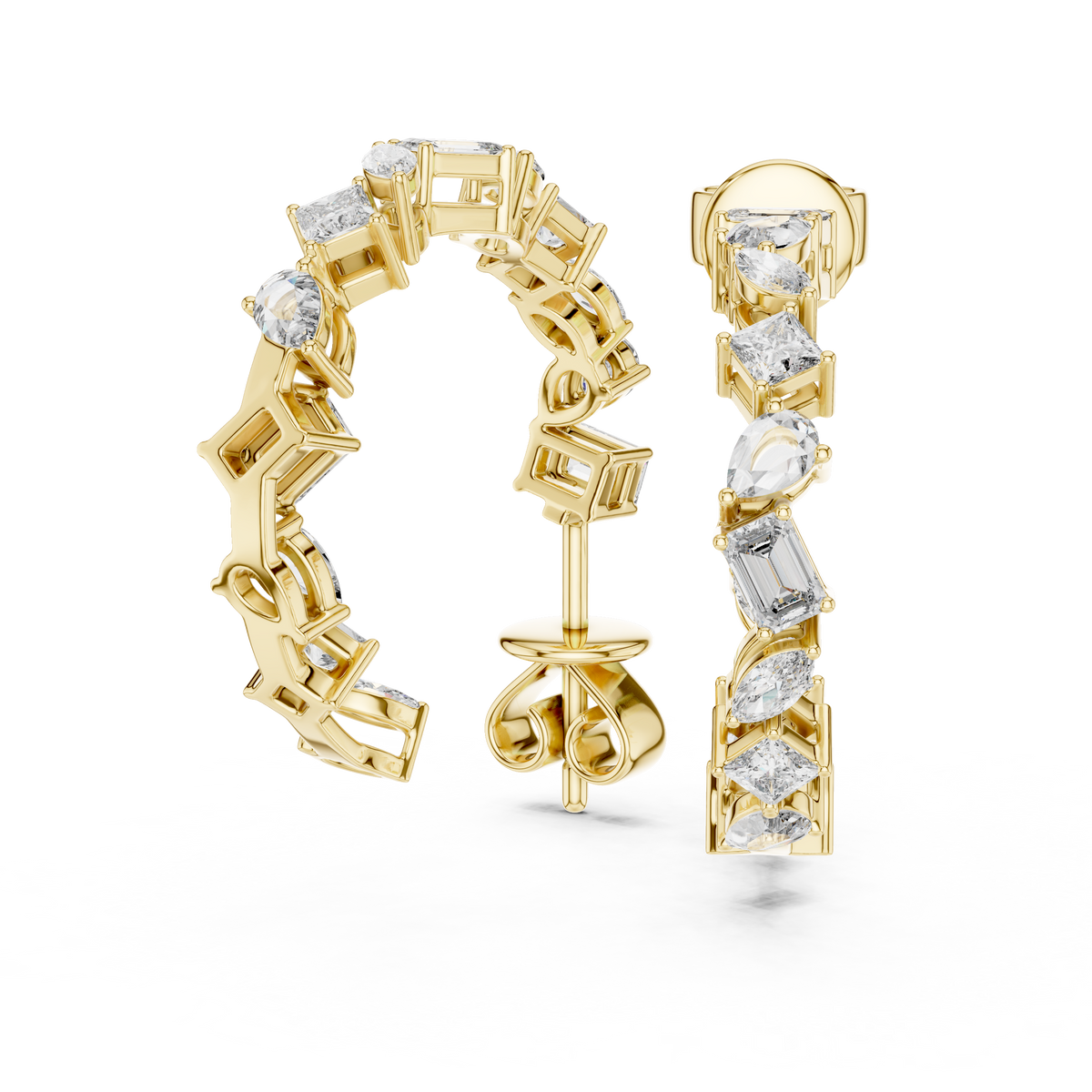 Alternating Mixed-Cut Diamond Hoop Earrings in yellow gold, view 10