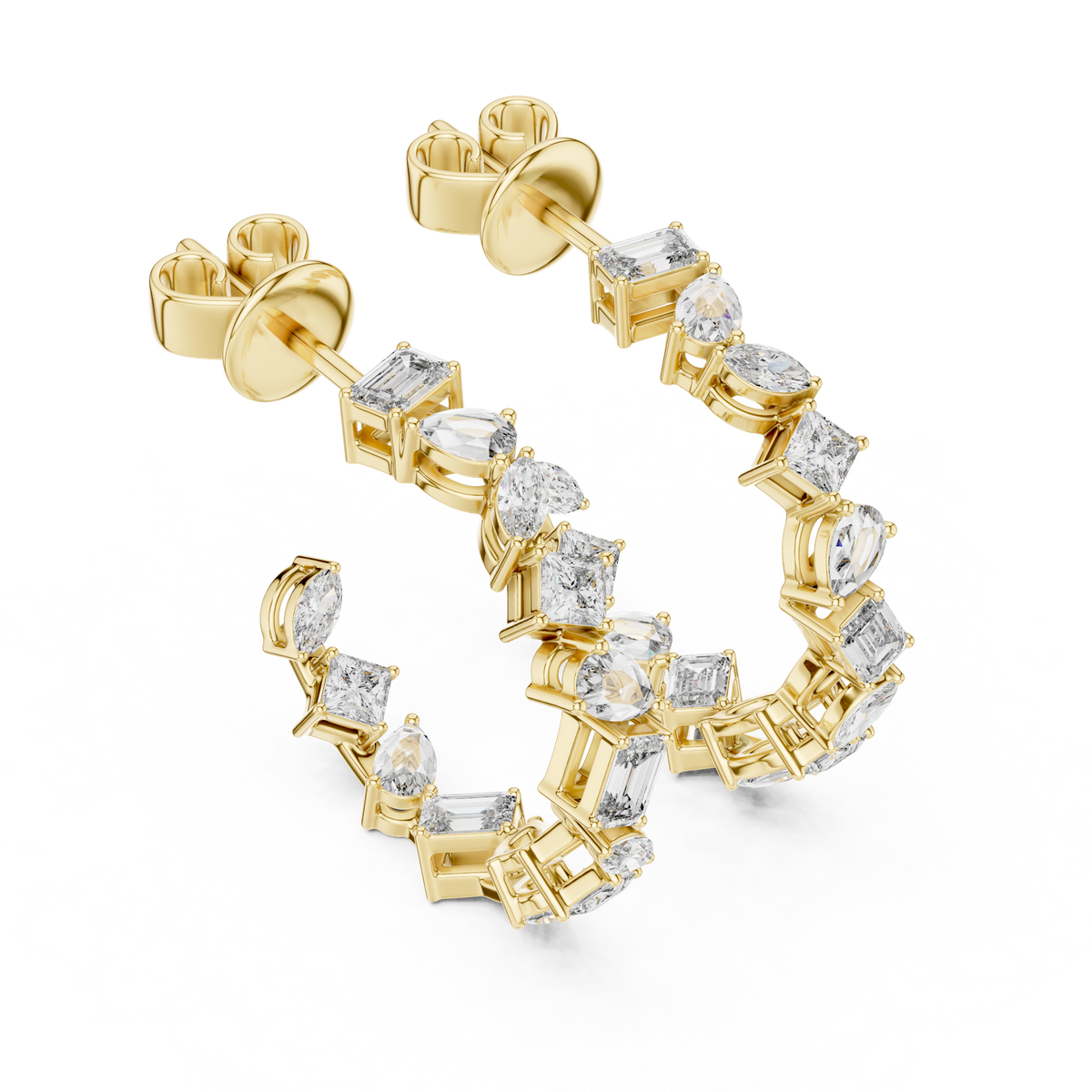 Alternating Mixed-Cut Diamond Hoop Earrings in yellow gold, view 1