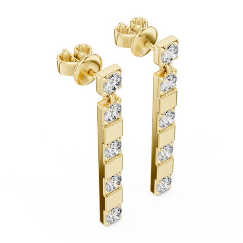 Lange geometrische oorhangers met diamanten in geelgoud — aanzicht 1