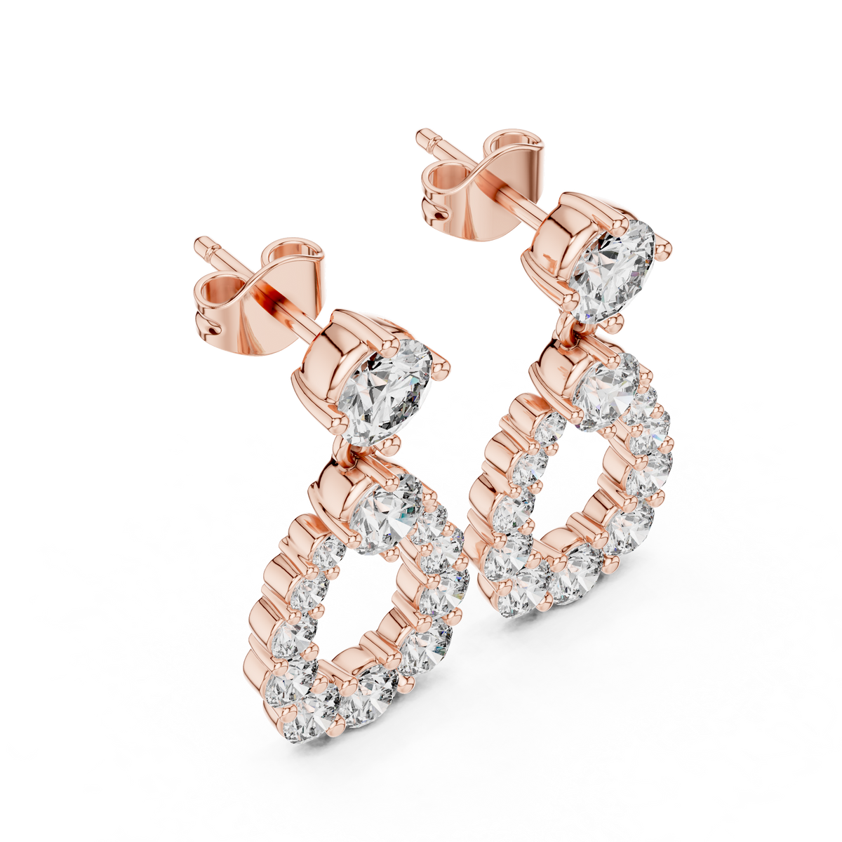 Oorhangers met peervormige diamanten en halo in roségoud — aanzicht 4