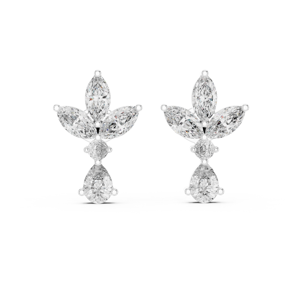 Bloemvormige oorhangers met marquisegeslepen diamanten in witgoud — aanzicht 9