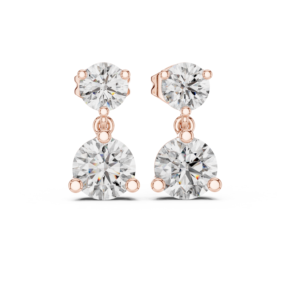 Three-Stone Round Diamond Stud Earrings in rose gold, view 6