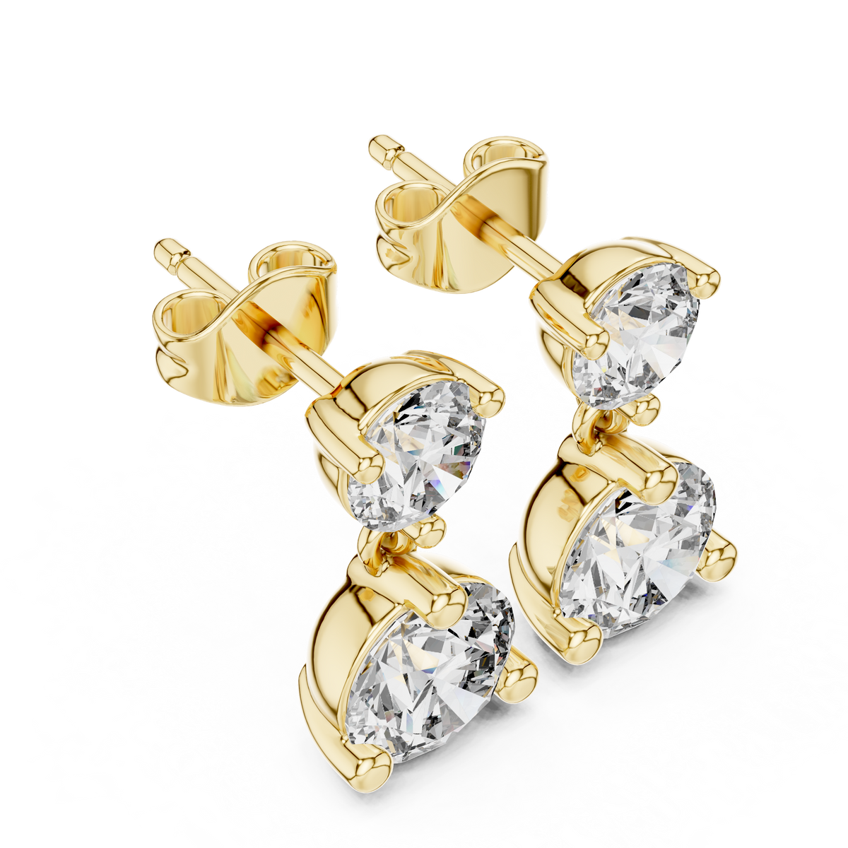 Three-Stone Round Diamond Stud Earrings in yellow gold, view 1