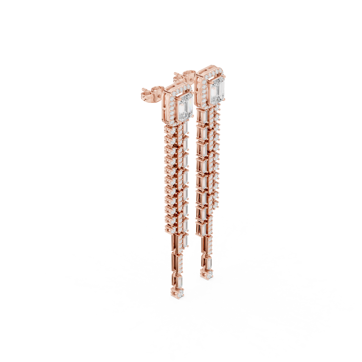 Lange oorhangers met baguettegeslepen diamanten in roségoud — aanzicht 4