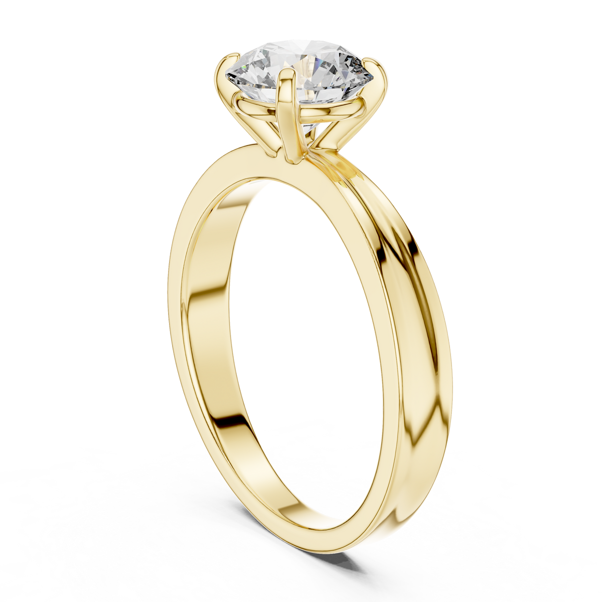 Solitairering met ronde diamant van 1 ct en kruisende schouders in geelgoud — aanzicht 1