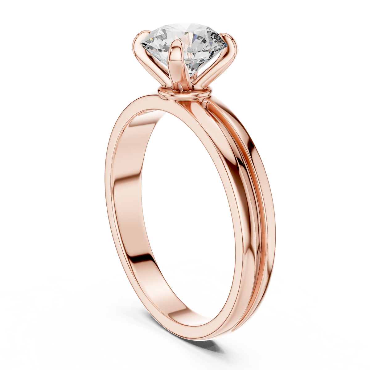 Ring met ronde diamant van 1 ct, klauwzetting en gesplitste ringscheen in roségoud — aanzicht 10