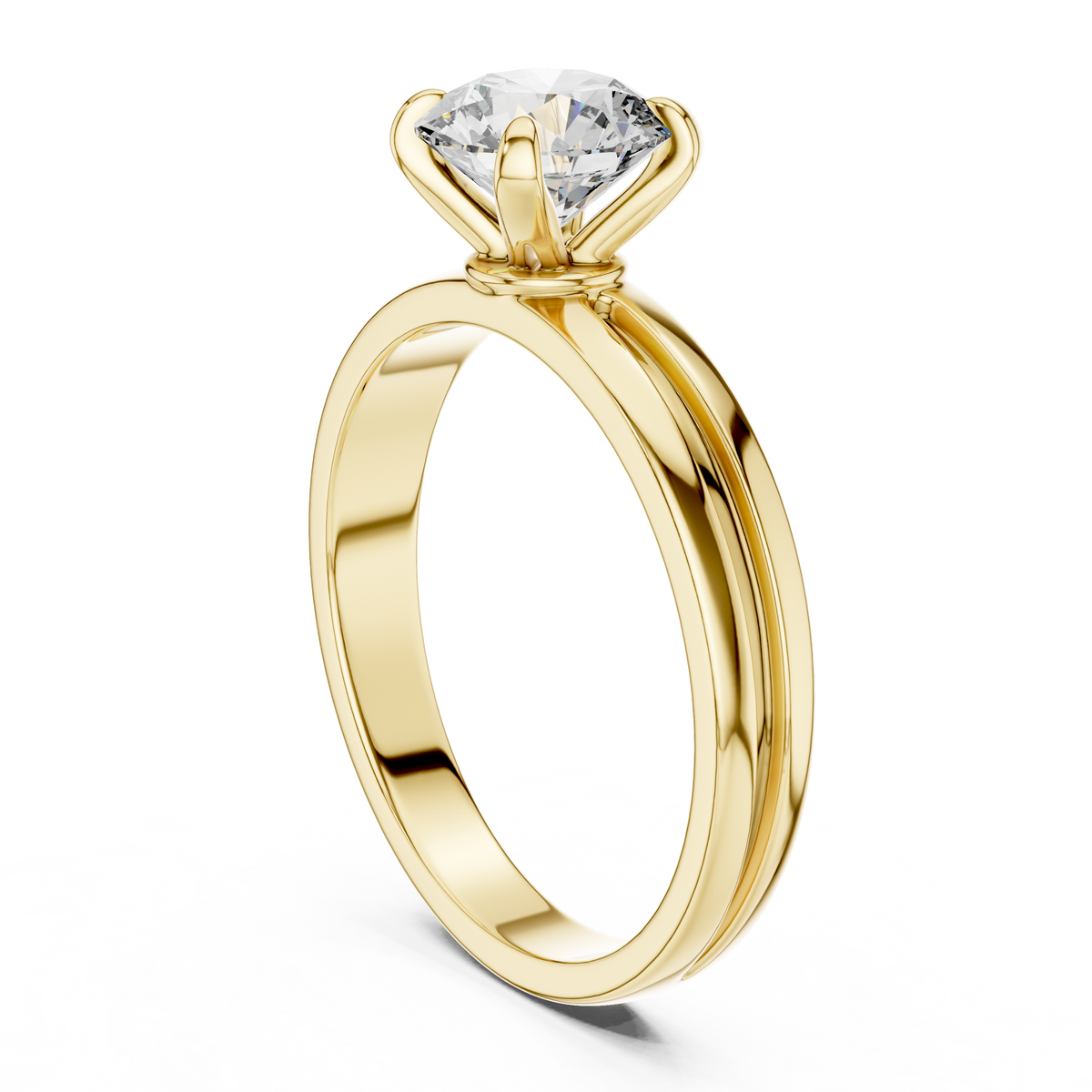 Ring met ronde diamant van 1 ct, klauwzetting en gesplitste ringscheen in geelgoud — aanzicht 1